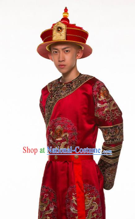 Deling and Cixi Chinese Ancient Qing Dynasty Emperor Red Clothing Stage Performance Dance Costume for Men