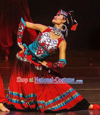 Dance Between Heaven and Earth Chinese Yi Nationality Dance Red Dress Stage Performance Dance Costume and Headpiece for Women