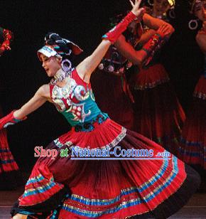 Dance Between Heaven and Earth Chinese Yi Nationality Dance Red Dress Stage Performance Dance Costume and Headpiece for Women