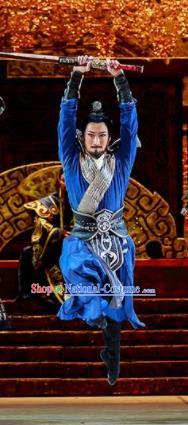 Lady Zhaojun Chinese Han Dynasty Swordsman Blue Clothing Stage Performance Dance Costume for Men