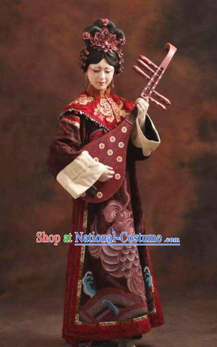 Chinese Pingtan Impression Ancient Qing Dynasty Purplish Red Dress Stage Performance Dance Costume and Headpiece for Women