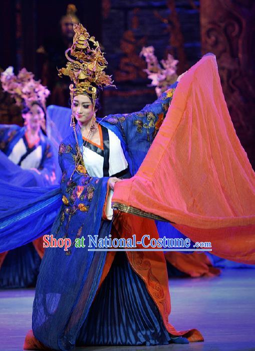 Chinese Lady Zhaojun Ancient Imperial Consort Dance Blue Dress Stage Performance Dance Costume and Headpiece for Women