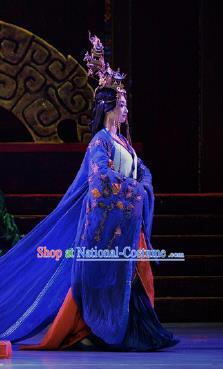 Chinese Lady Zhaojun Ancient Imperial Consort Dance Blue Dress Stage Performance Dance Costume and Headpiece for Women