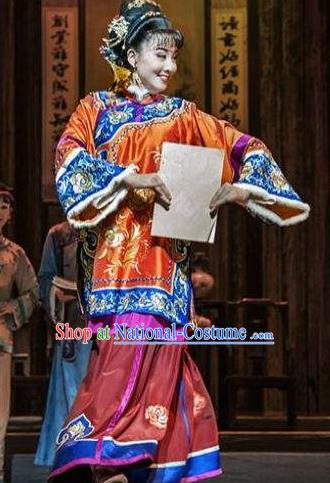 Huizhou Beauty Chinese Huangmei Opera Orange Dress Stage Performance Dance Costume and Headpiece for Women