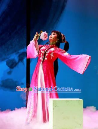 Huang Ye Hong Lou Chinese Peking Opera Lin Daiyu Rosy Dress Stage Performance Dance Costume and Headpiece for Women