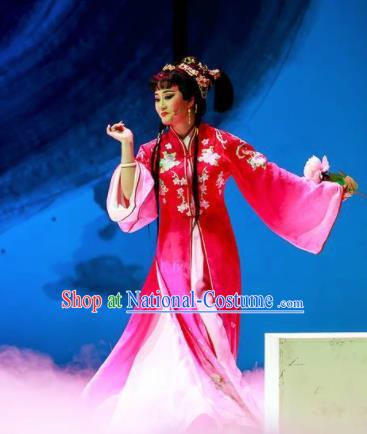 Huang Ye Hong Lou Chinese Peking Opera Lin Daiyu Rosy Dress Stage Performance Dance Costume and Headpiece for Women