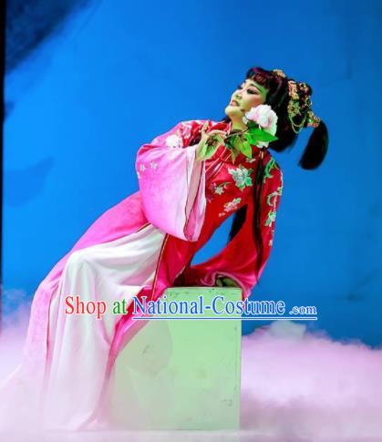 Huang Ye Hong Lou Chinese Peking Opera Lin Daiyu Rosy Dress Stage Performance Dance Costume and Headpiece for Women