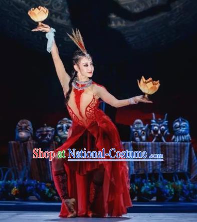 Menogga Garden Chinese Classical Dance Red Dress Stage Performance Dance Costume and Headpiece for Women