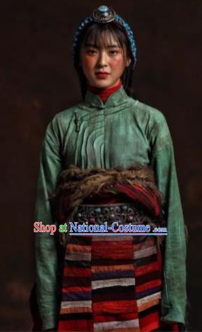 The Heavenly Road Chinese Zang Nationality Dance Green Dress Stage Performance Dance Costume and Headpiece for Women