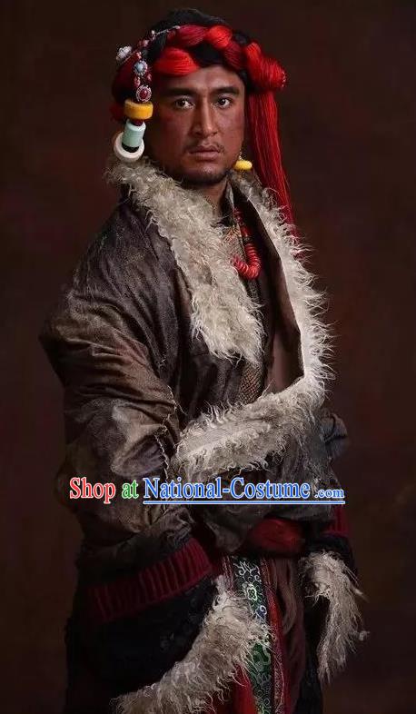 The Heavenly Road Chinese Zang Nationality Grey Clothing Stage Performance Dance Costume and Headpiece for Men