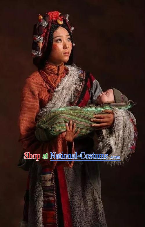 The Heavenly Road Chinese Zang Nationality Dance Tibetan Robe Stage Performance Dance Costume and Headpiece for Women