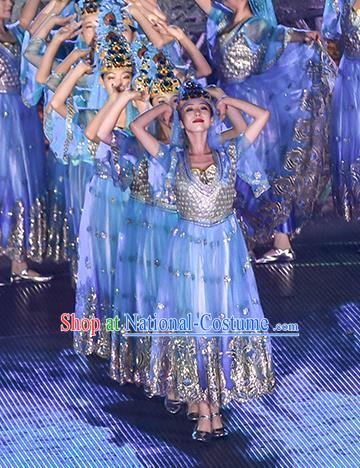 Mu Lan Qiu Xian Ceremony Chinese Classical Dance Blue Dress Stage Performance Dance Costume and Headpiece for Women