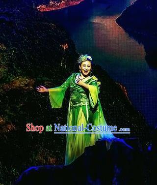 Hometown of Dragon Boat Tune Chinese Classical Dance Green Dress Stage Performance Dance Costume and Headpiece for Women