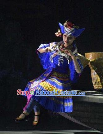 Hometown of Dragon Boat Tune Chinese Tujia Nationality Dance Blue Dress Stage Performance Dance Costume and Headpiece for Women