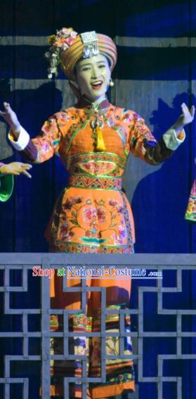 Hometown of Dragon Boat Tune Chinese Tujia Nationality Dance Orange Dress Stage Performance Dance Costume and Headpiece for Women