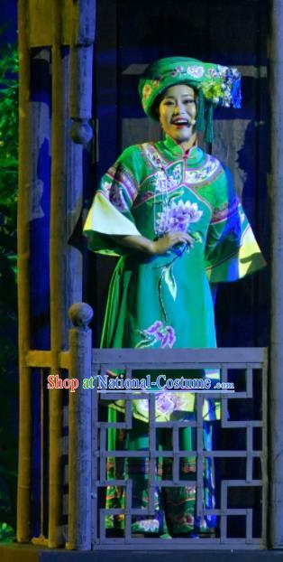 Hometown of Dragon Boat Tune Chinese Tujia Nationality Dance Green Dress Stage Performance Dance Costume and Headpiece for Women