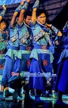 Hometown of Dragon Boat Tune Chinese Tujia Nationality Blue Clothing Stage Performance Dance Costume and Headpiece for Men