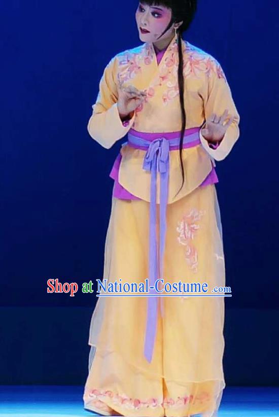 Xiang Luo Ji Chinese Shaoxing Opera Maidservant Yellow Dress Stage Performance Dance Costume and Headpiece for Women