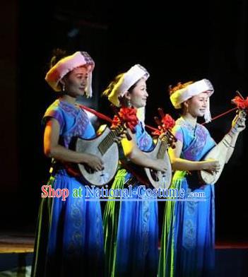 Buyi Ba Yin Chinese Bouyei Nationality Folk Dance Blue Dress Stage Performance Dance Costume and Headpiece for Women