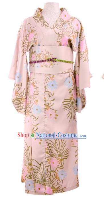 Traditional Japanese Printing Chrysanthemum Pink Kimono Asian Japan Yukata Dress for Women