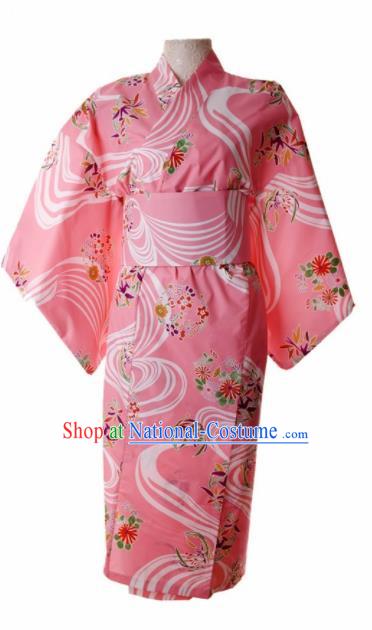 Traditional Japanese Printing Cherry Blossom Pink Kimono Asian Japan Yukata Dress for Women