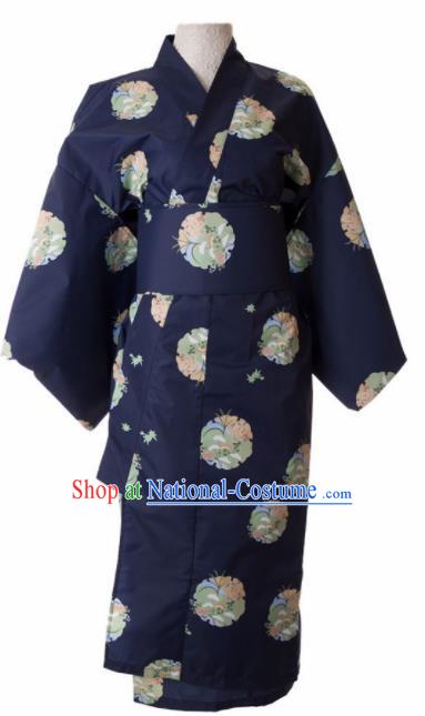 Traditional Japanese Printing Orchid Navy Kimono Asian Japan Yukata Dress for Women