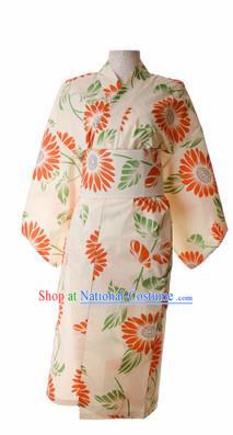 Traditional Japanese Printing Chrysanthemum Beige Kimono Asian Japan Yukata Dress for Women