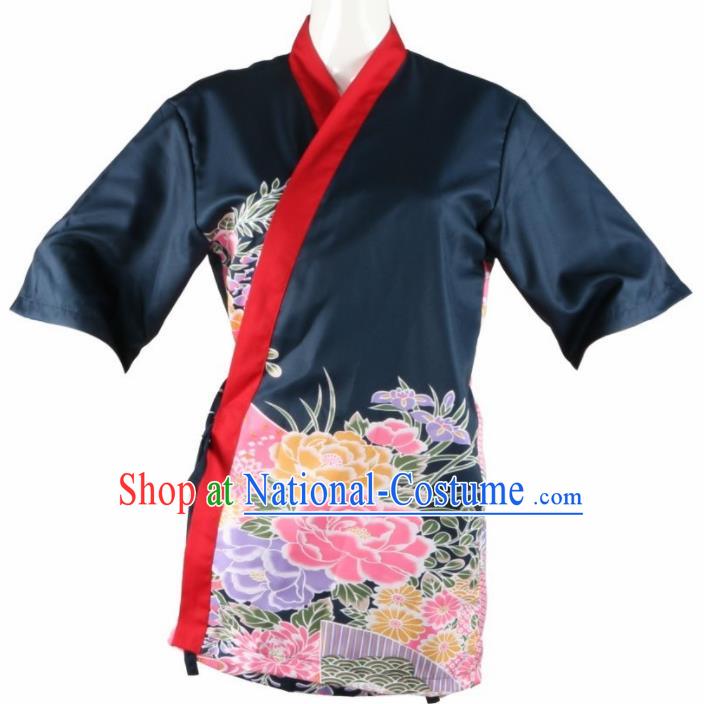 Traditional Japanese Printing Peony Black Yamato Shirt Kimono Asian Japan Costume for Men