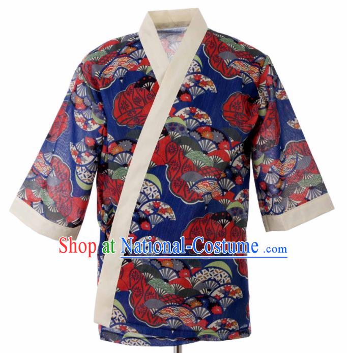 Traditional Japanese Printing Fans Royalblue Yamato Shirt Kimono Asian Japan Costume for Men