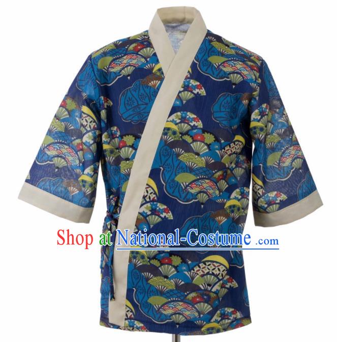 Traditional Japanese Printing Fans Navy Yamato Shirt Kimono Asian Japan Costume for Men