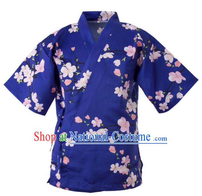 Traditional Japanese Printing Flowers Blue Yamato Shirt Kimono Asian Japan Costume for Men