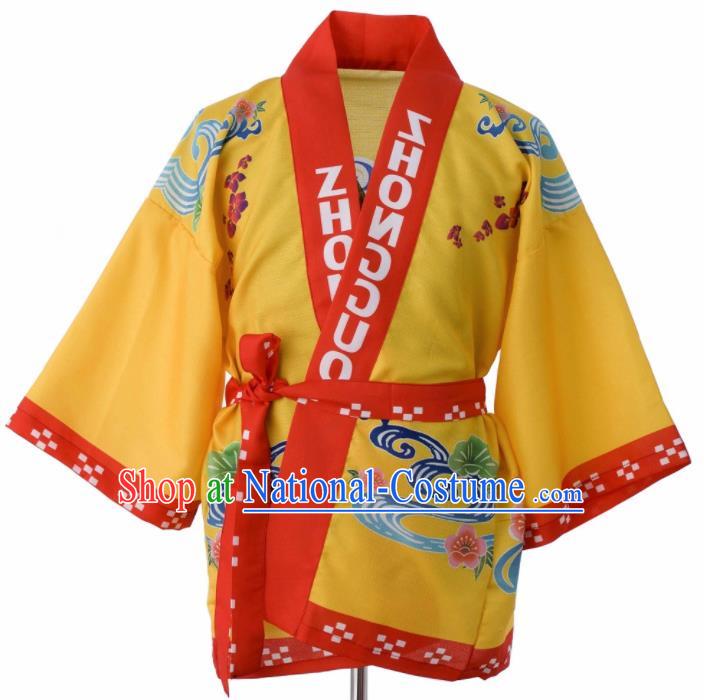 Traditional Japanese Printing Yellow Yamato Shirt Kimono Asian Japan Costume for Men