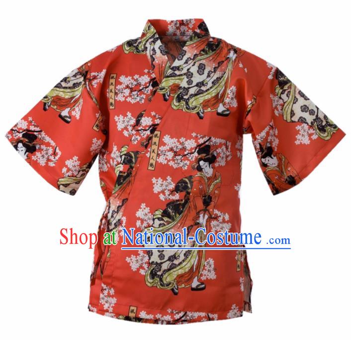 Traditional Japanese Printing Beauty Red Yamato Shirt Kimono Asian Japan Costume for Men