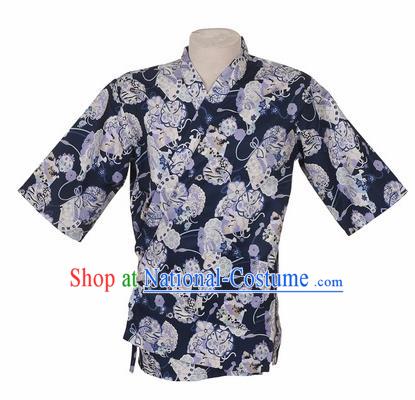 Traditional Japanese Printing Cherry Blossom Navy Blue Shirt Kimono Asian Japan Costume for Men