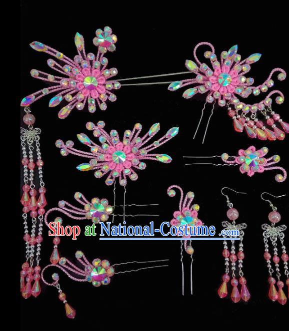 Chinese Traditional Beijing Opera Hair Accessories Peking Opera Diva Pink Flower Tassel Hairpins Complete Set for Adults