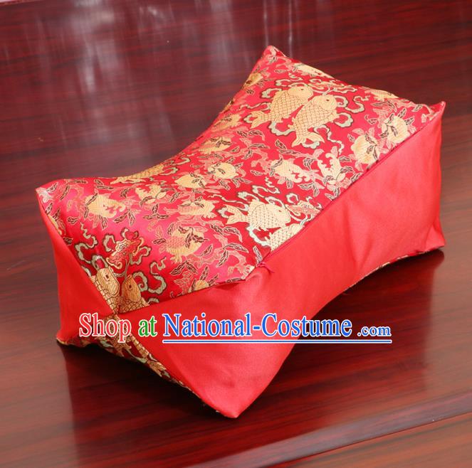 Chinese Traditional Fishes Pattern Red Brocade Pillow Slip Pillow Cover Classical Household Ornament