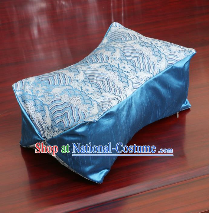 Chinese Traditional Wave Pattern Blue Brocade Pillow Slip Pillow Cover Classical Household Ornament