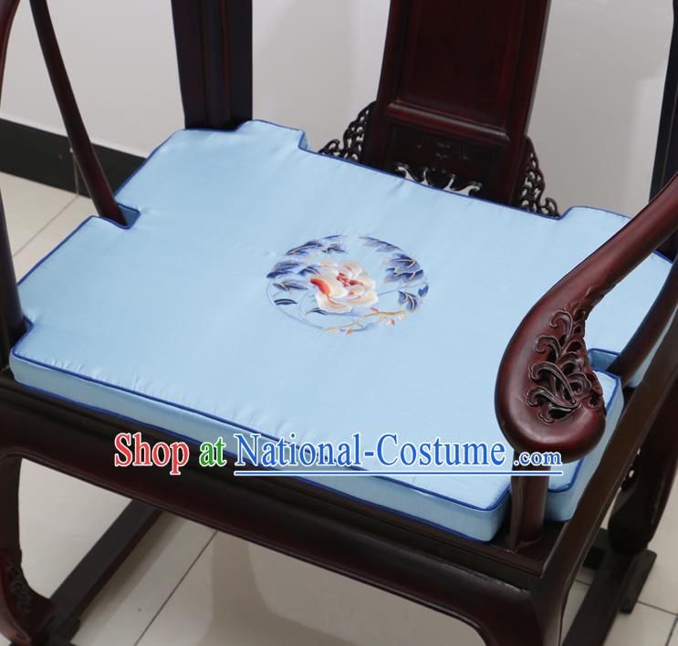 Chinese Classical Household Ornament Armchair Cushion Cover Traditional Embroidered Peony Blue Brocade Mat Cover