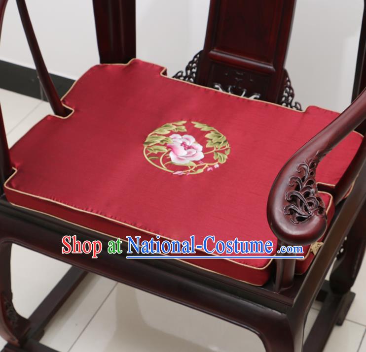 Chinese Classical Household Ornament Armchair Cushion Cover Traditional Embroidered Peony Purplish Red Brocade Mat Cover