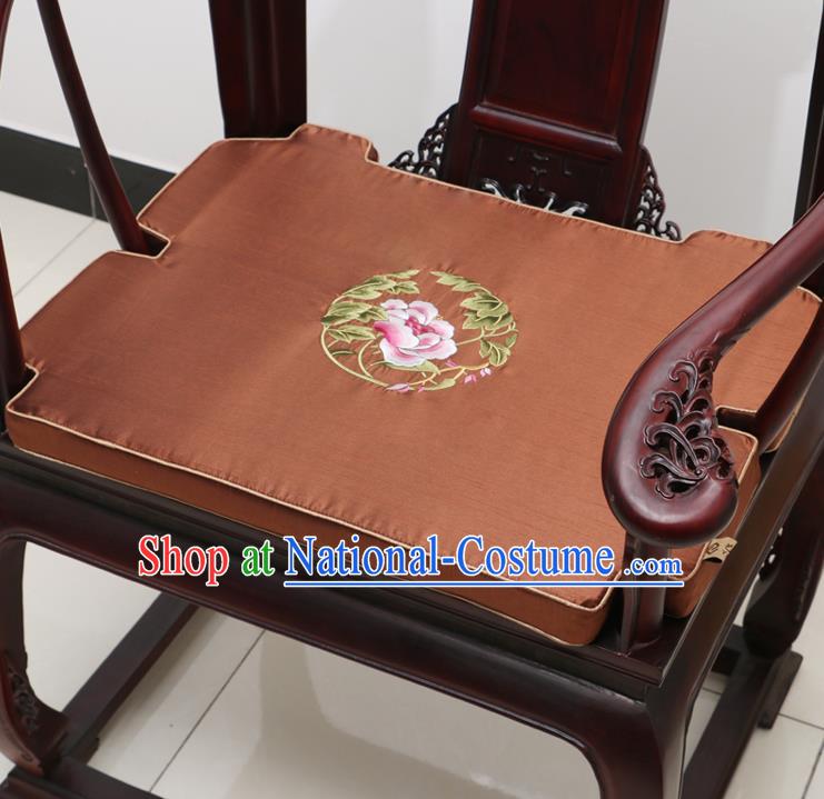 Chinese Classical Household Ornament Armchair Cushion Cover Traditional Embroidered Peony Brown Brocade Mat Cover