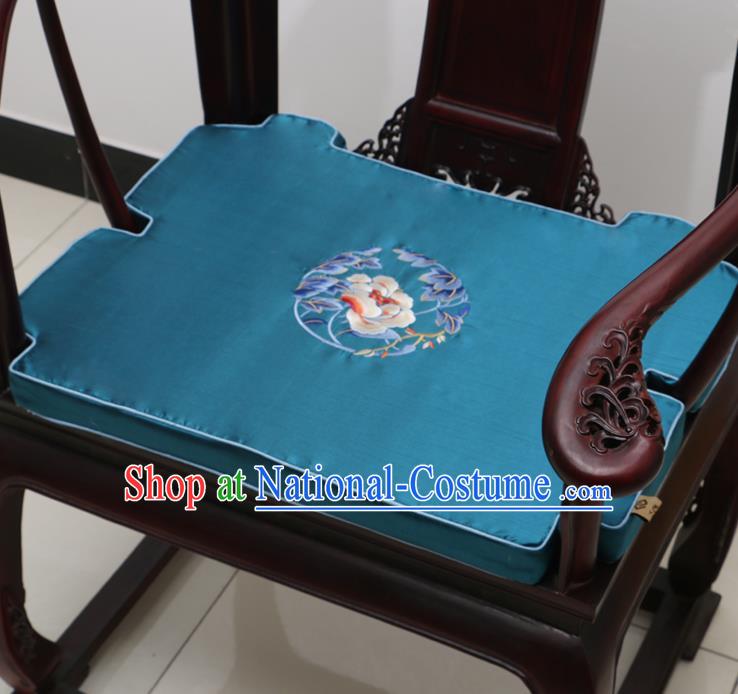 Chinese Classical Household Ornament Armchair Cushion Cover Traditional Embroidered Peony Peacock Blue Brocade Mat Cover