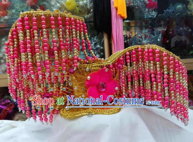 Chinese Traditional Beijing Opera Imperial Consort Head Ornaments Pink Beads Tassel Hat Hair Accessories for Adults