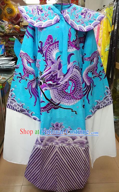 Chinese Traditional Beijing Opera Minister Costume Peking Opera Old Gentleman Blue Embroidered Robe for Adults