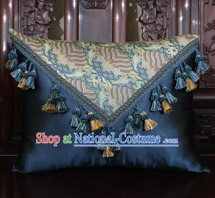 Chinese Traditional Wave Pattern Navy Brocade Back Cushion Cover Classical Household Ornament