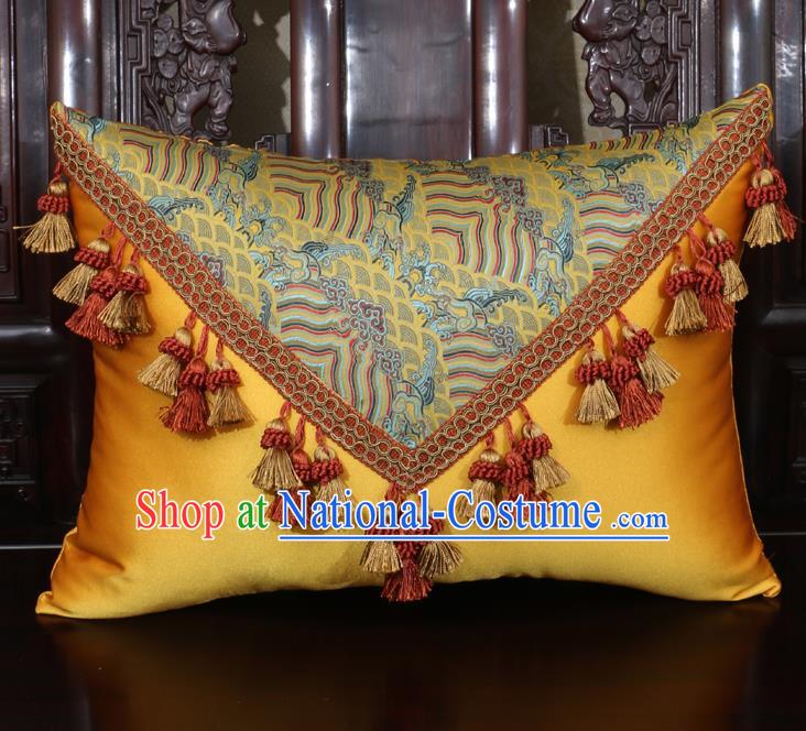 Chinese Traditional Wave Pattern Golden Brocade Back Cushion Cover Classical Household Ornament