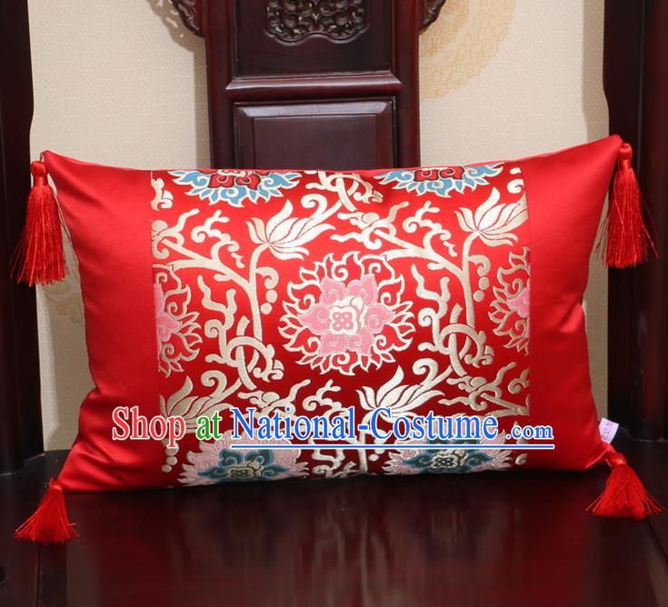 Chinese Traditional Lotus Pattern Red Brocade Back Cushion Cover Classical Household Ornament