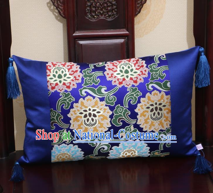 Chinese Traditional Lotus Pattern Royalblue Brocade Back Cushion Cover Classical Household Ornament