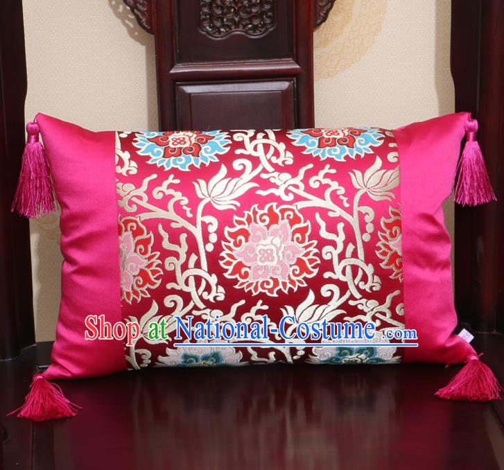 Chinese Traditional Lotus Pattern Rosy Brocade Back Cushion Cover Classical Household Ornament