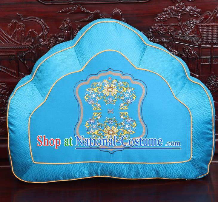 Chinese Traditional Embroidered Chrysanthemum Pattern Blue Brocade Back Cushion Cover Classical Household Ornament