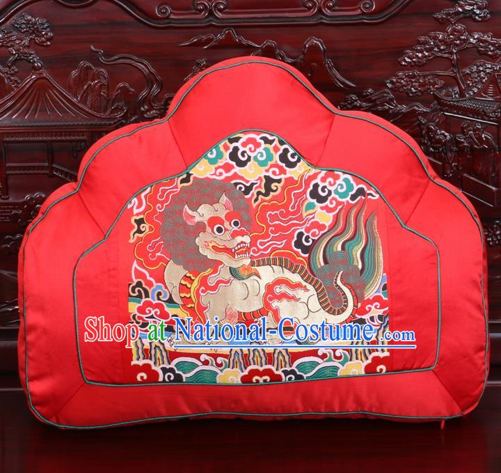 Chinese Traditional Embroidered Kylin Pattern Red Brocade Back Cushion Cover Classical Household Ornament